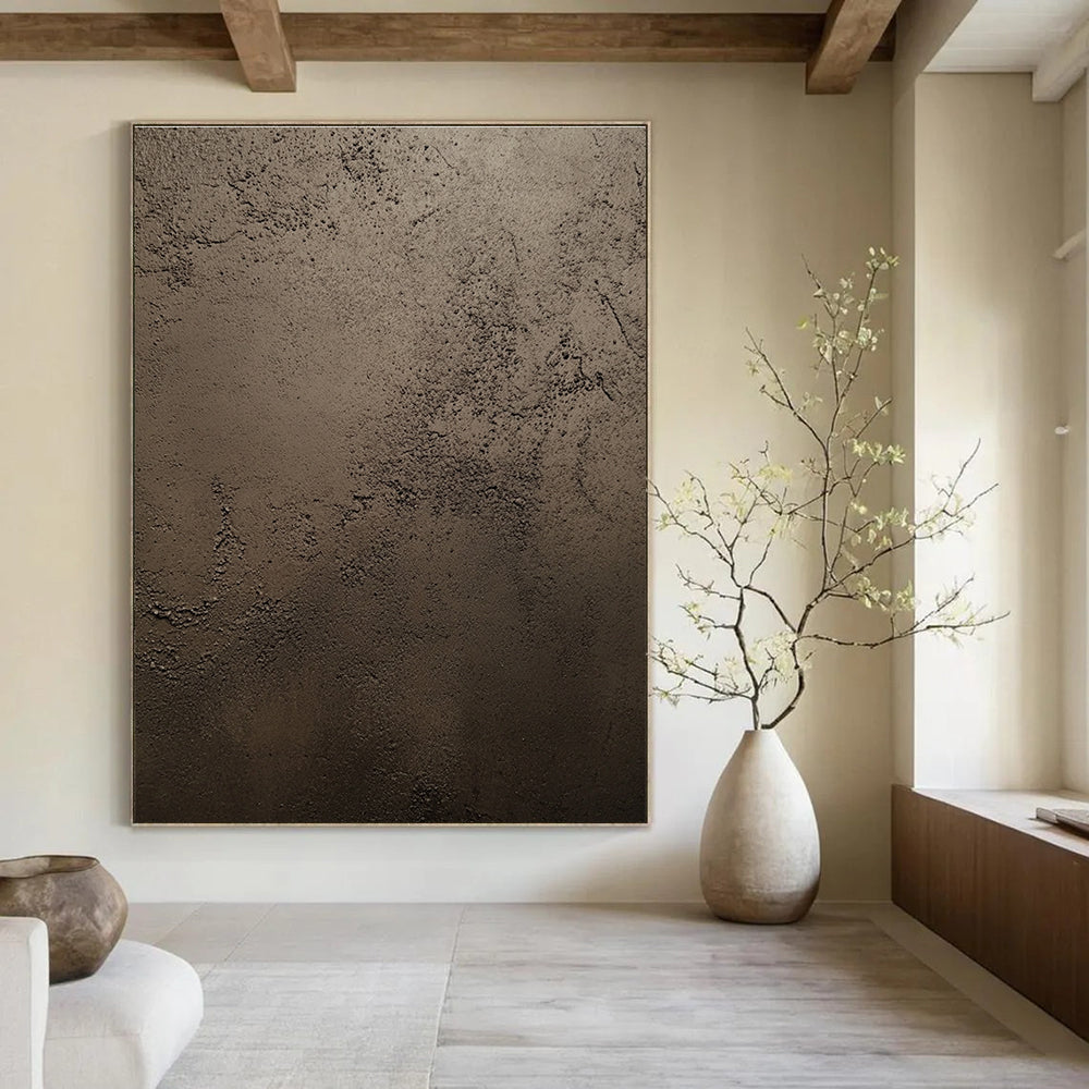 An abstract painting showcasing dark brown stucco texture with intricate details and natural features highlighted by soft lighting in a neutral palette.STSC889
