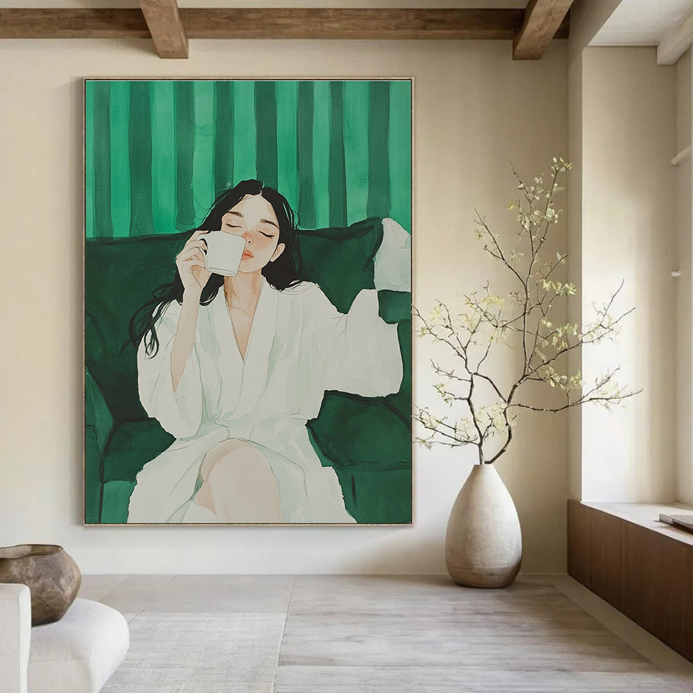 A large abstract painting featuring a girl in a white robe enjoying coffee on a sofa against a green striped background with minimalist design.STSC1002
