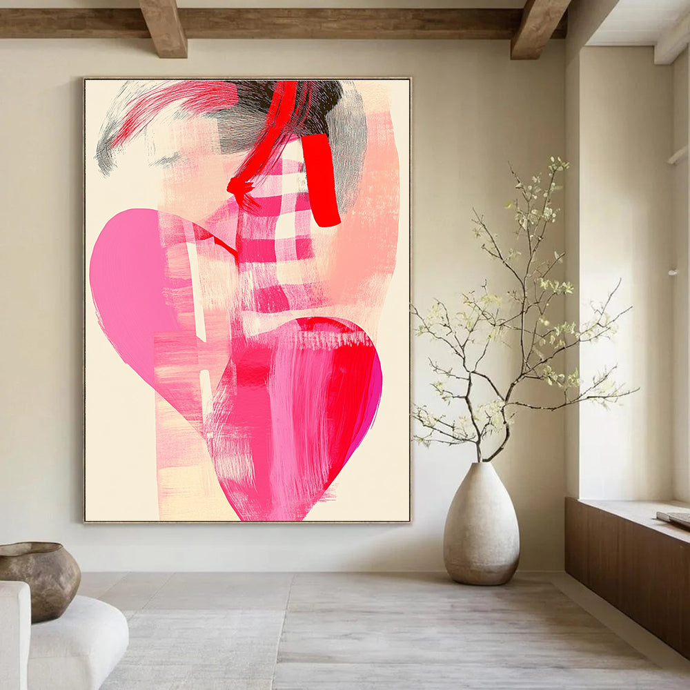 A large abstract painting featuring a pink heart and checkered pattern with organic chest shapes in soft pastels and red line art.STSC858