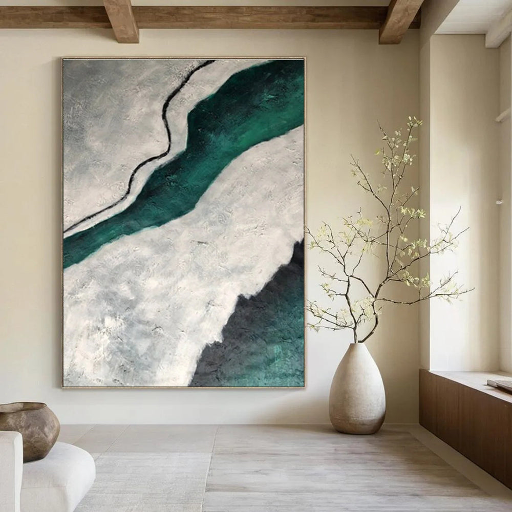 Teal and Gray Textured Abstract Painting with Flowing Forms ADGE403