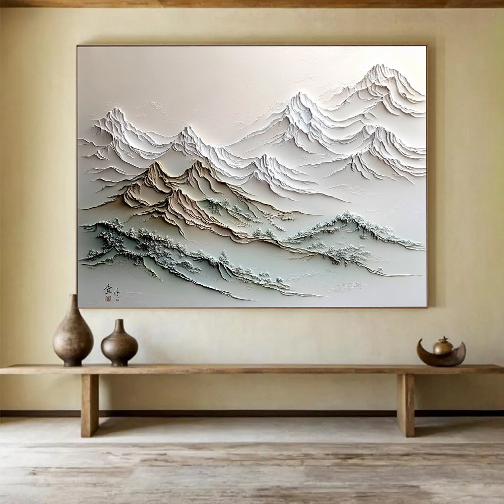 A large abstract painting featuring a stunning mountain range with intricate details and a soft color palette, evoking tranquility and majesty.SC557