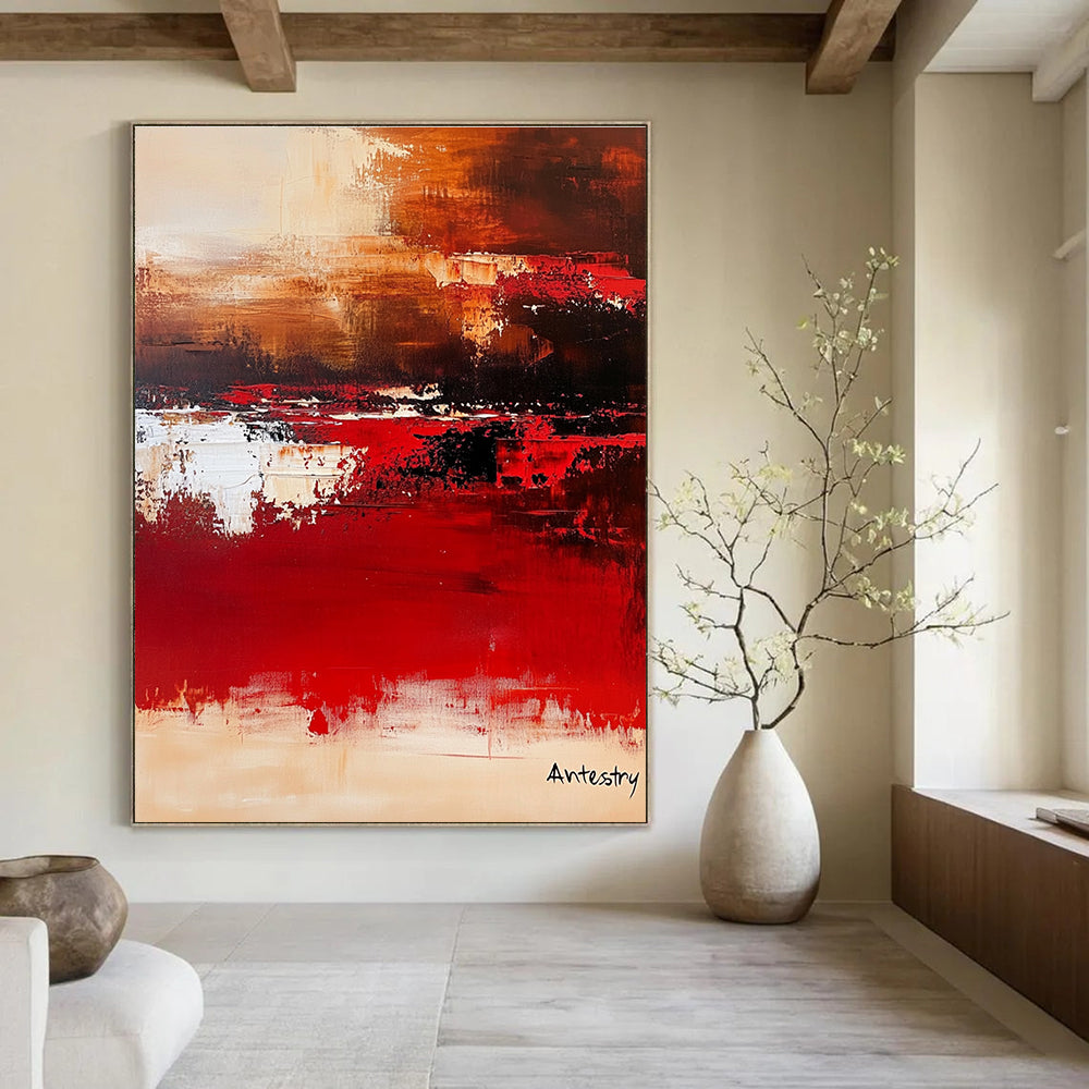 Large abstract painting with warm tones and soft edges titled Antestry creating a calm atmosphere inspired by Marc Chagall's minimalist style.STSC458
