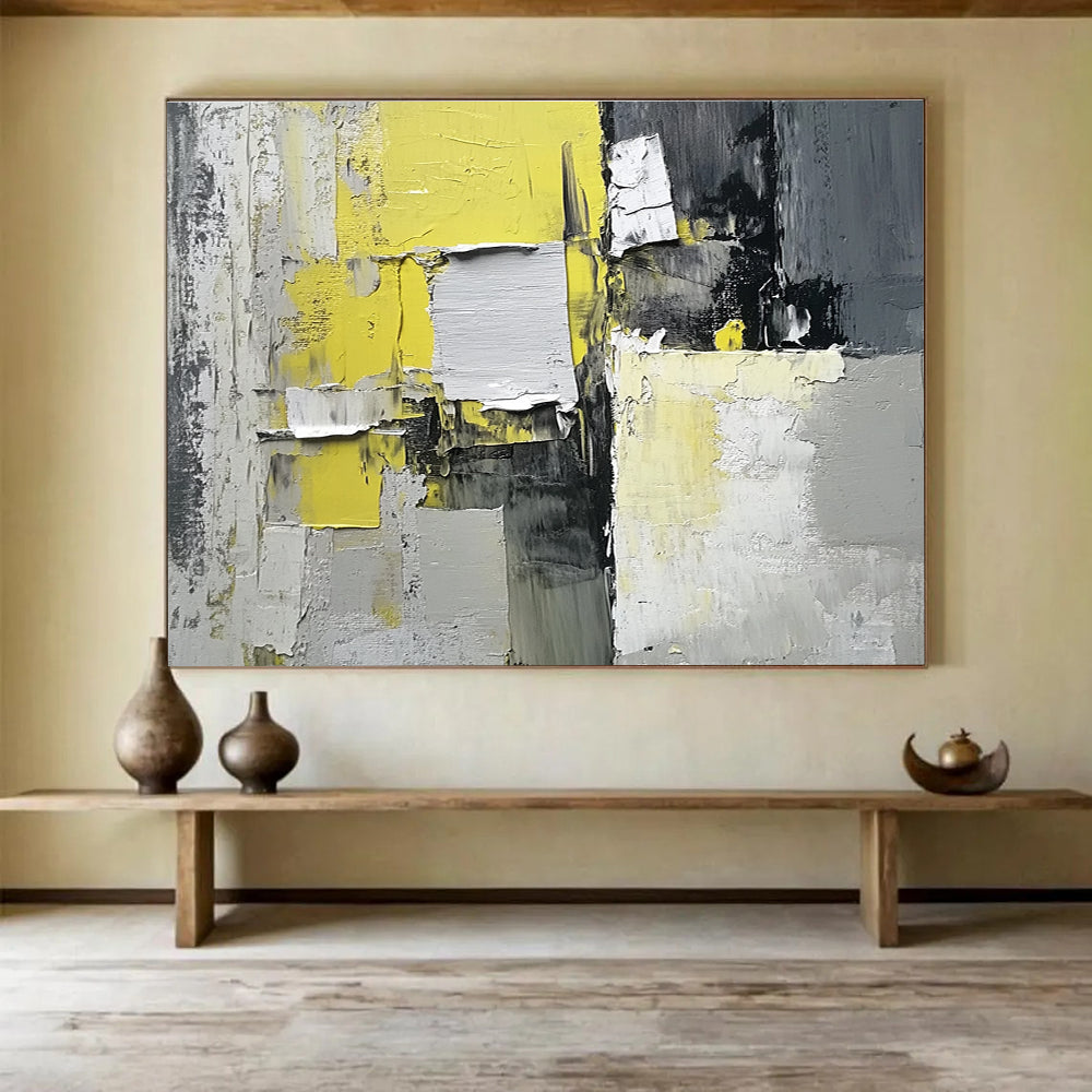 Yellow Gray and White Abstract Painting with Textured Patches DYP399