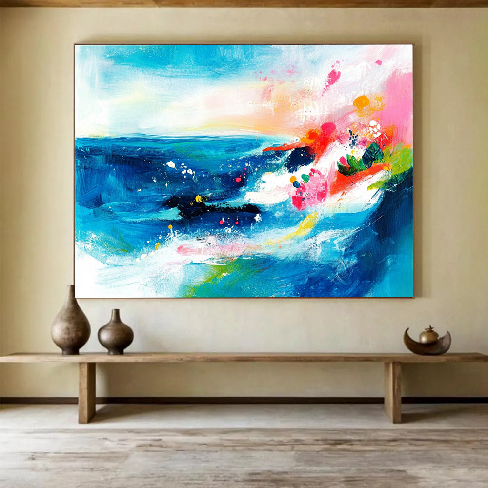 Colorful Sea Abstract Painting with Blue and Pink Hues DYP521