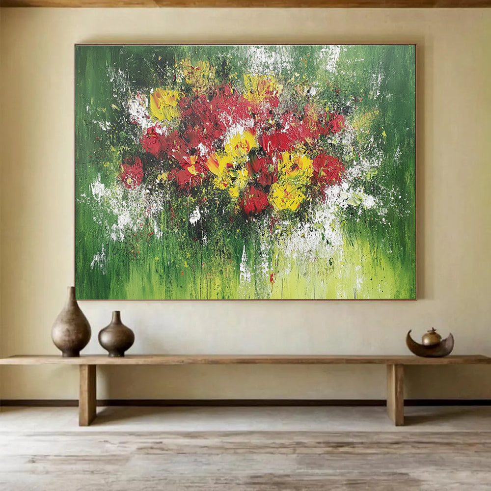 Green Background Colorful Flower Bouquet Abstract Painting DYP070