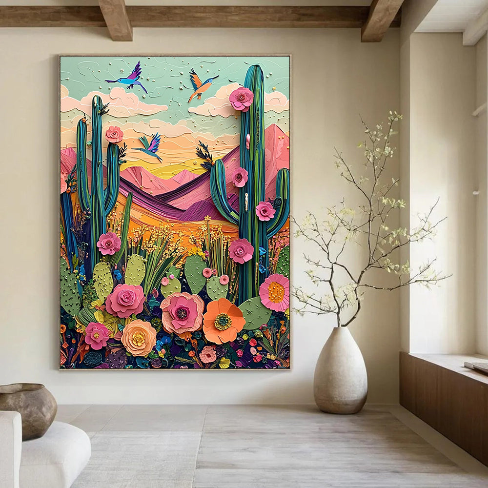 Large abstract artwork featuring a vibrant desert landscape with cacti mountains birds and blooming flowers in colorful pastels and intricate textures.STSC1426
