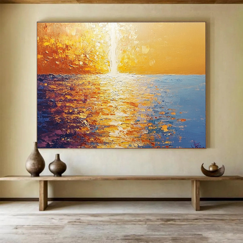 Golden Sunset Sea Abstract Painting with Reflective Textures DYP264