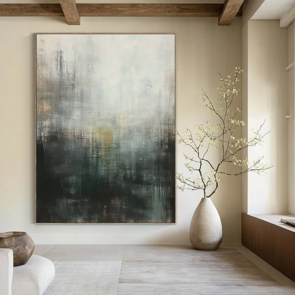 Large abstract painting featuring muted gray tones with hints of green and brown conveying a calm yet melancholic urban landscape.STSC604