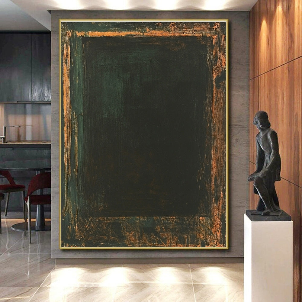 Dark Green and Brown Abstract Painting with Enigmatic Forms GER089
