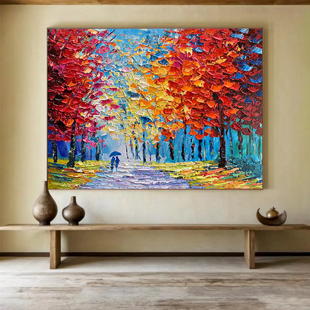 Autumn Path Abstract Painting with Red, Yellow, and Blue Tones THY200