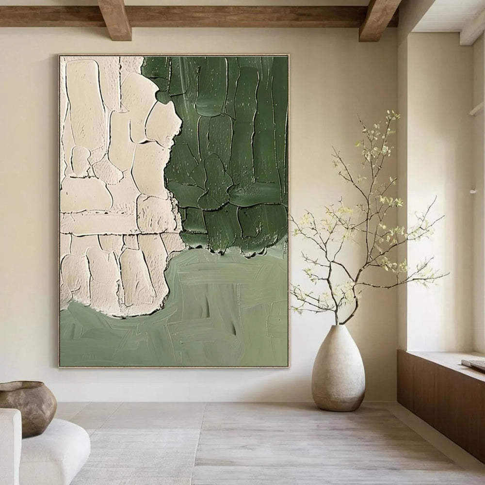 Beige and Green Textured Abstract Painting with Thick Brushstrokes ADGE501