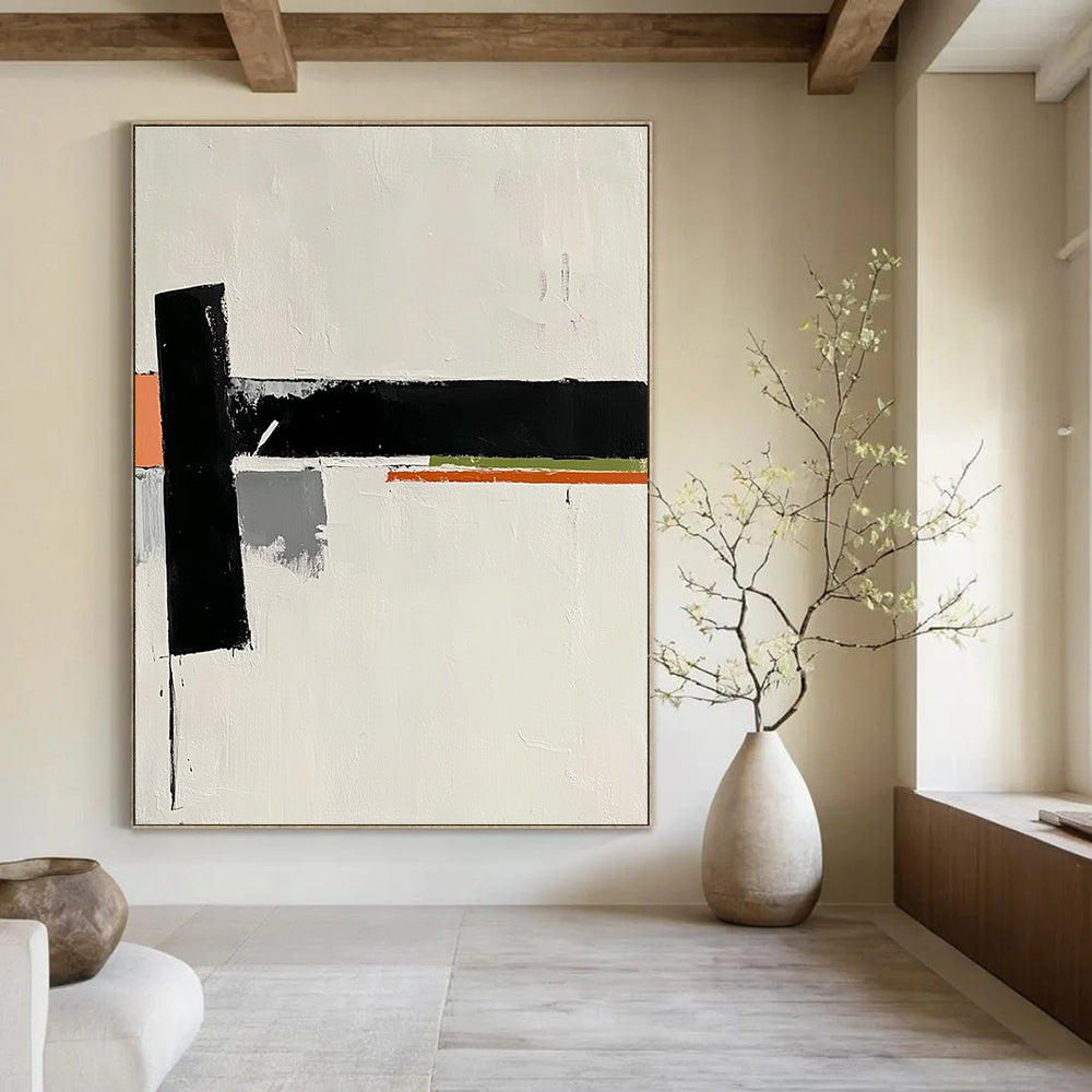 A large abstract painting features a white background with a small black rectangle and orange stripes alongside gray and green shapes embodying elegance.STSC569