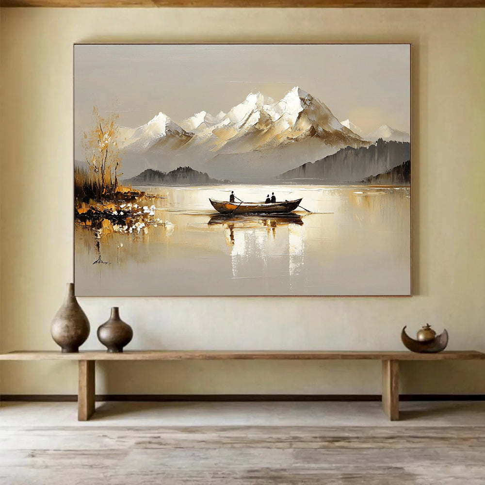 Lake and Snowy Peaks Serene Abstract Painting with Neutral and White Tones DYP605