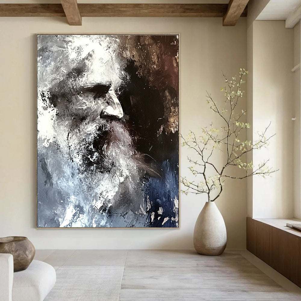 Large abstract painting in shades of grey and white featuring a blurred portrait of an old man with disheveled hair against a dark background.STSC229