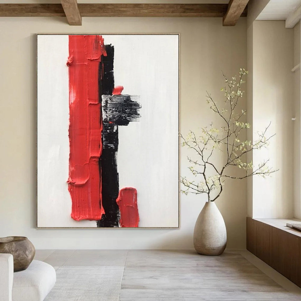 Red and Black Textured Abstract Painting with Geometric Shapes ADGE390