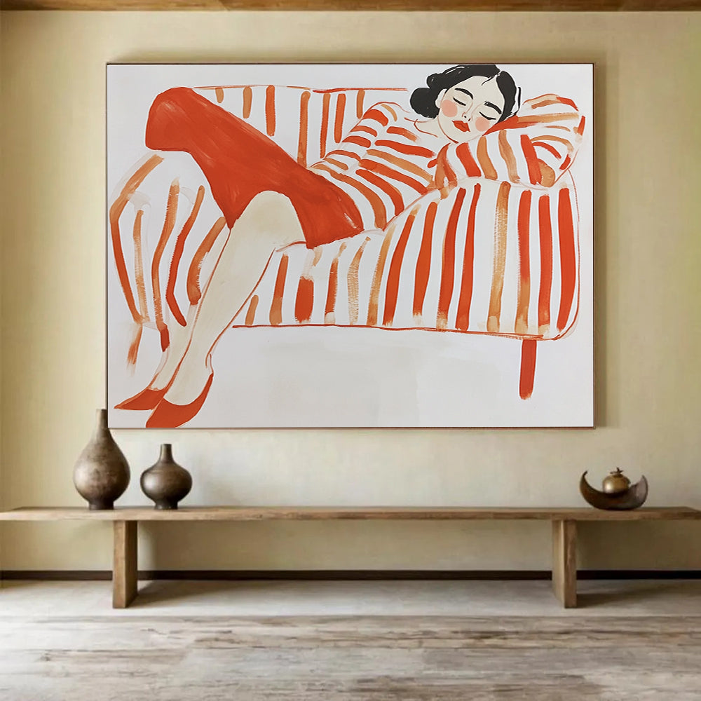 A large abstract painting in gouache featuring a woman lounging on a striped couch with simple lines in red and orange hues on a white background.SC496
