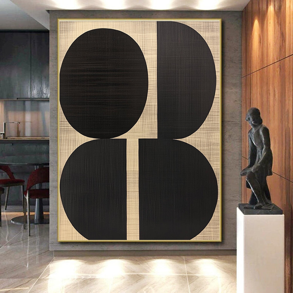Black Oval Shapes Abstract Art on Textured Beige GER242