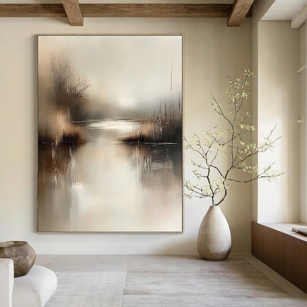 Large abstract painting in muted beige and grey tones captures serene water's edge with gentle brushstrokes evoking tranquility and calmness in any setting.STSC078