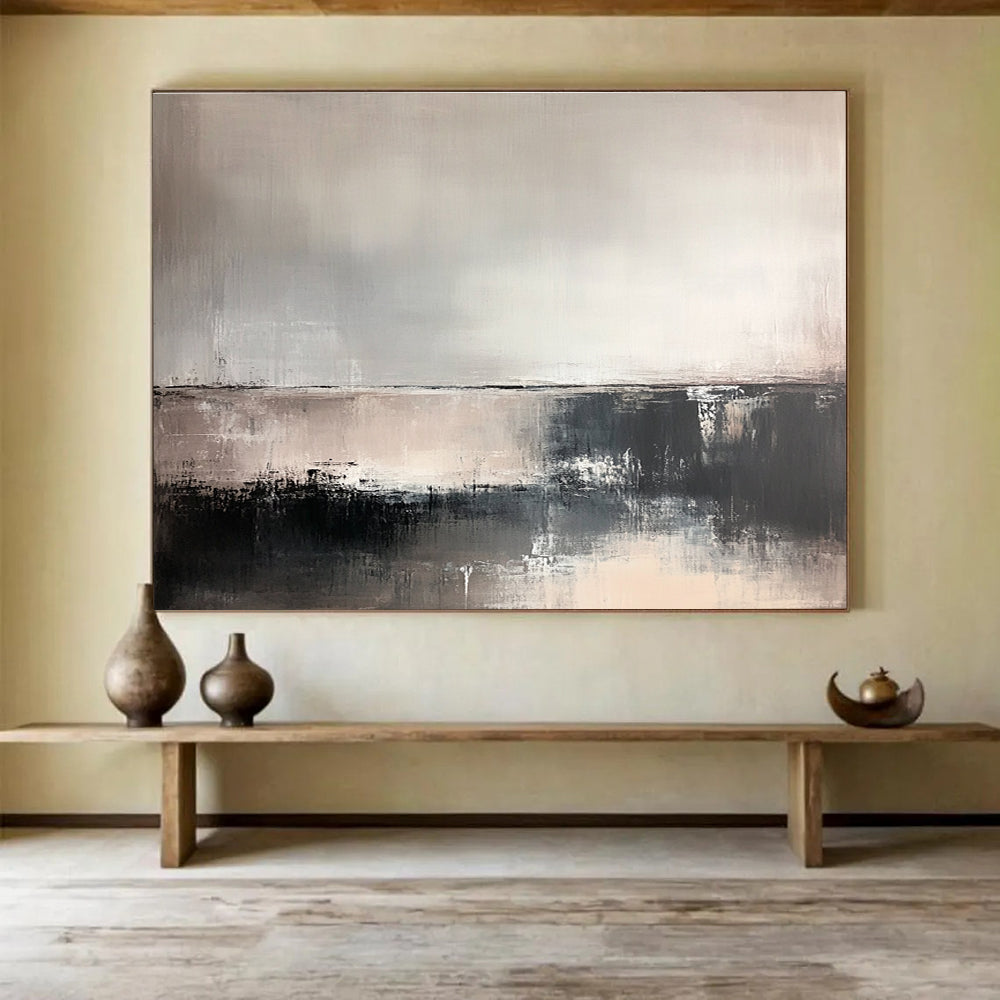 Large abstract painting in soft neutral tones featuring deep textures and a faint horizon line, evoking tranquility and contemplation in an abstract landscape.SC382