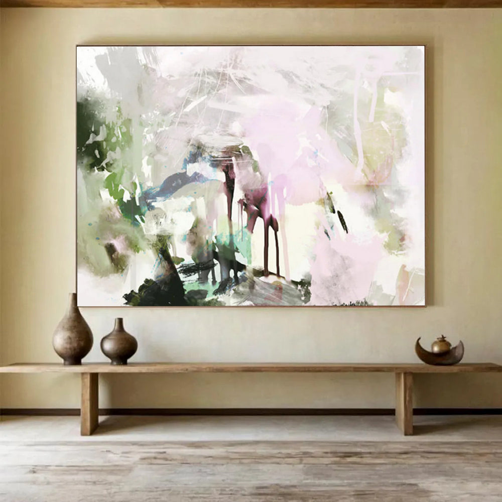 Pastel Toned Abstract Painting with Green and Pink Hues THY111