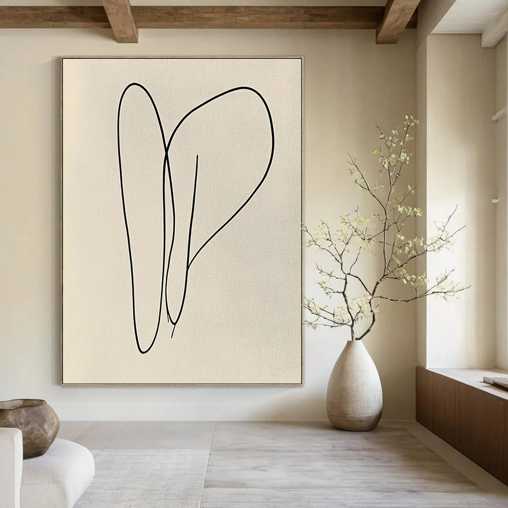 Large abstract artwork featuring bold black lines on light grey paper with organic shapes in a continuous line style evoking joy and vibrancy.STSC1182