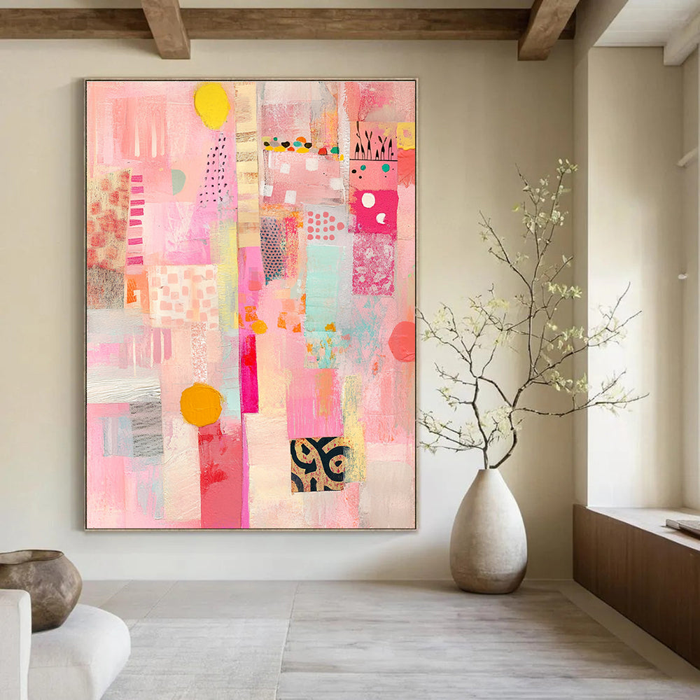 Large abstract collage artwork featuring pastel colors vintage shapes and textured layers for a unique mixed media experience.STSC1309