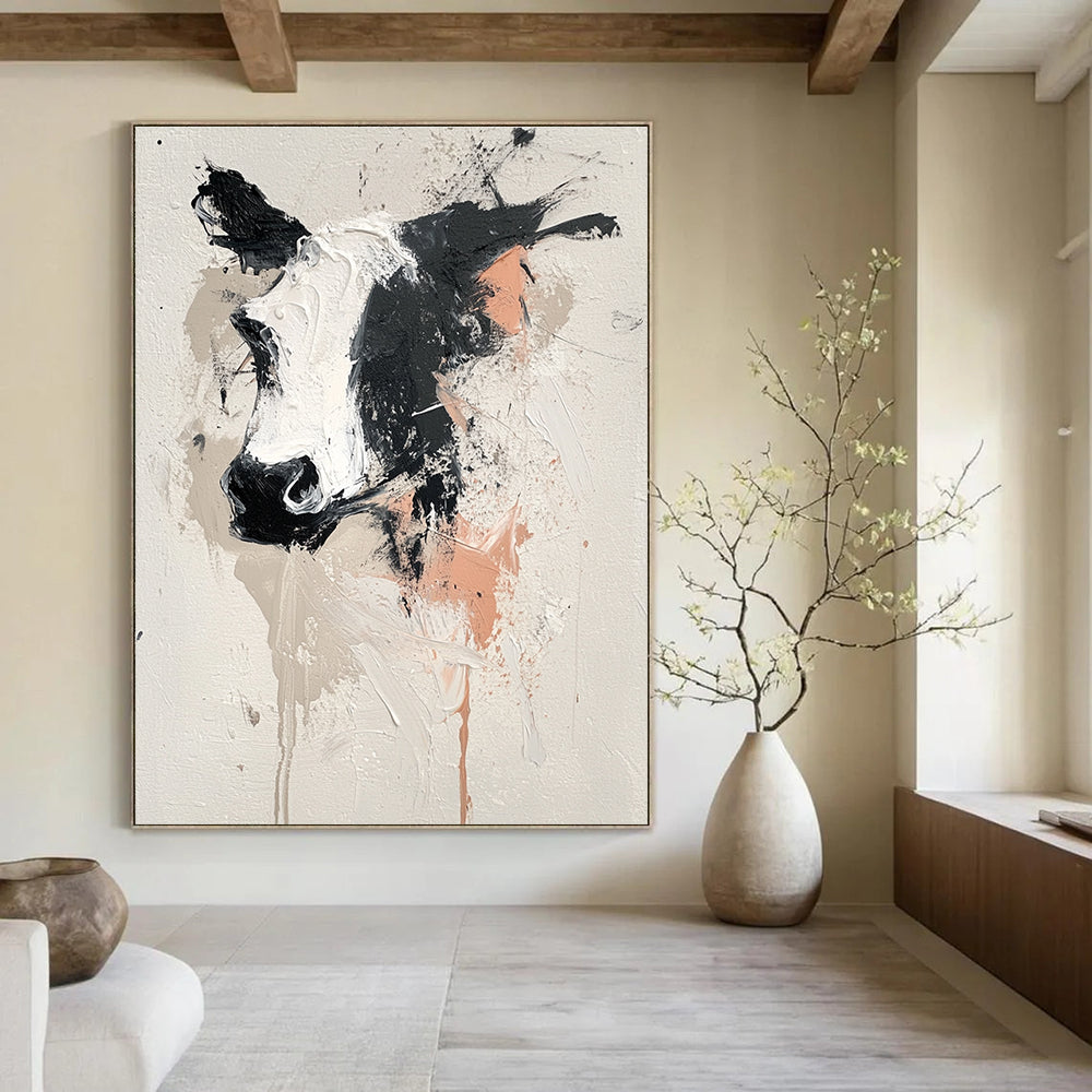 Large abstract painting featuring an animal design on white background with gray black pink and beige hues and expressive thick brush strokes.STSC048