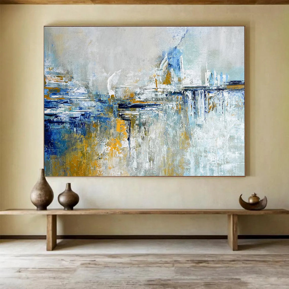 Cityscape Abstract Painting with Blue, Gray, and Gold THY347