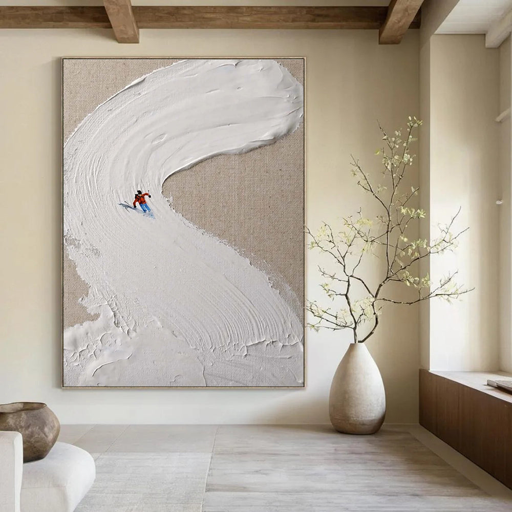 White Textured Ski Slope Abstract Painting with Red Accents ADGE311