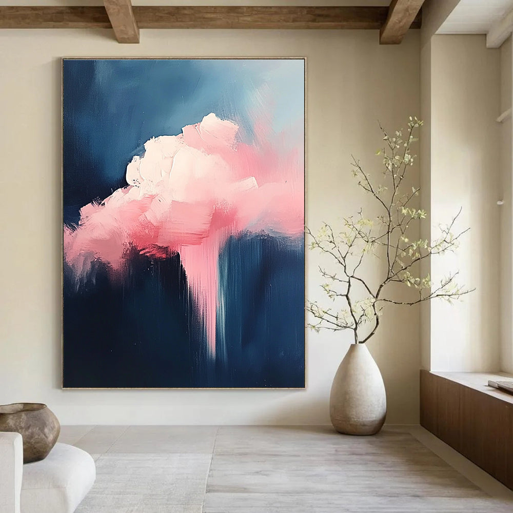Large abstract painting featuring a pink cloud against a minimalist dark blue background with bold brush strokes.STSC671
