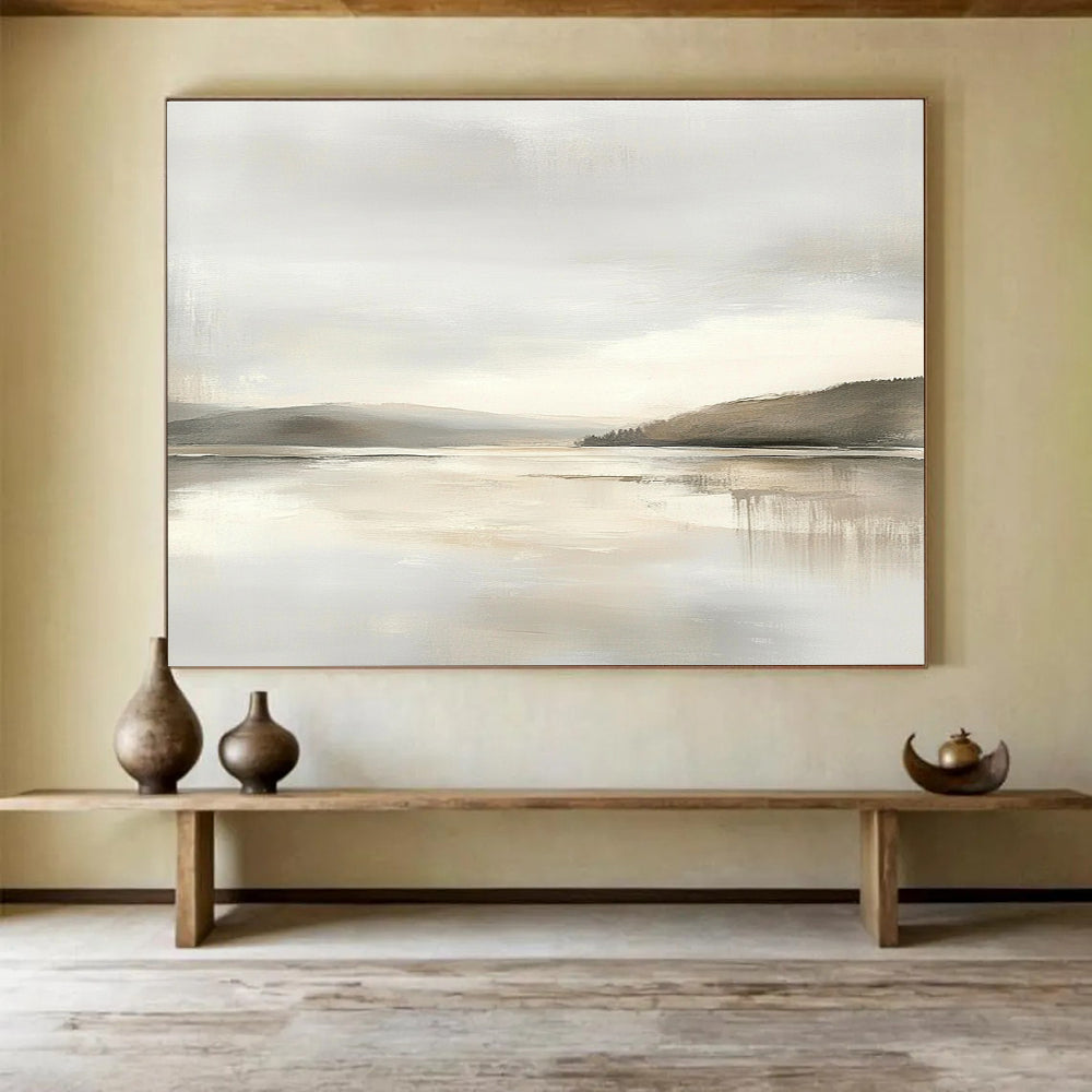 Large abstract painting featuring muted beige and gray tones with a soft sky and calm water for a tranquil and elegant atmosphere.SC065