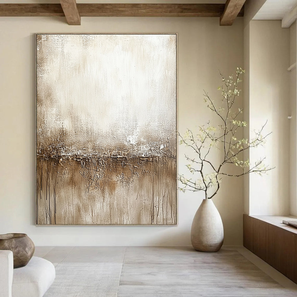 Large abstract painting featuring a neutral tone palette of beige and gray with distressed textures for a calming wall decor.STSC137