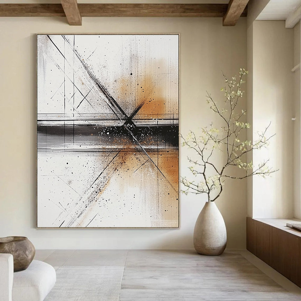 Large abstract painting with fluid lines and shapes in light gray dark beige and subtle amber tones featuring ink washes and soft atmospheric effects.STSC321