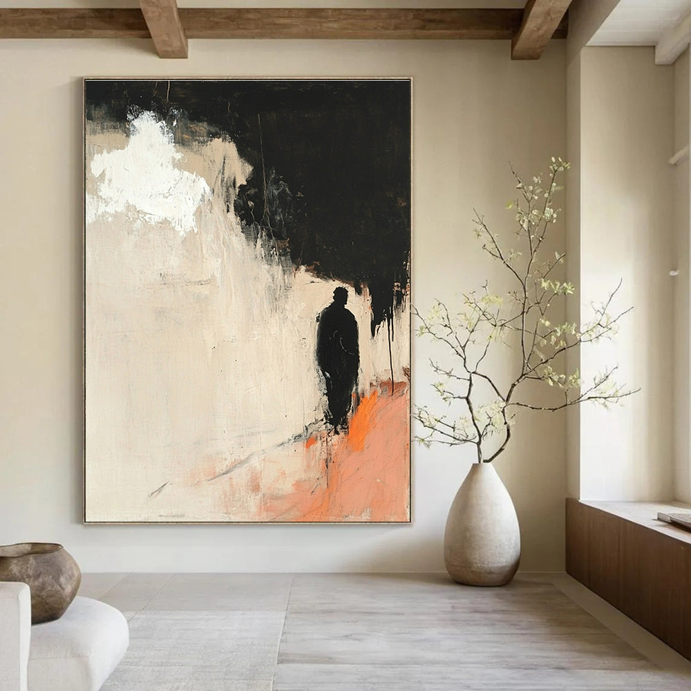 Large abstract painting with minimalist light pink and black hues features a silhouette of an old man and a white cloud with orange highlights.STSC247