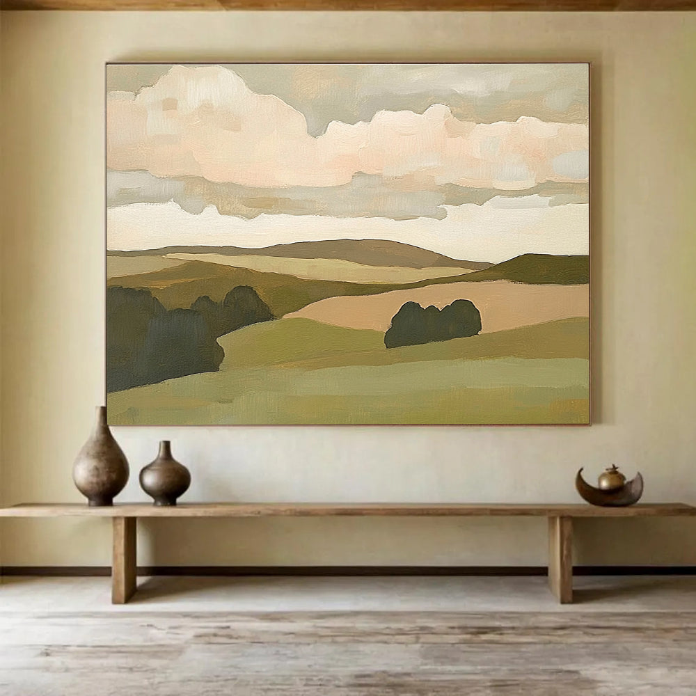 Minimalist Hill Landscape Abstract Painting with Green and Beige Tones DYP563