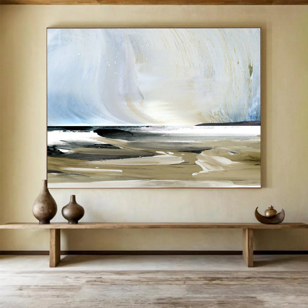 Coastal Abstract Painting with Blue Beige and Black THY116