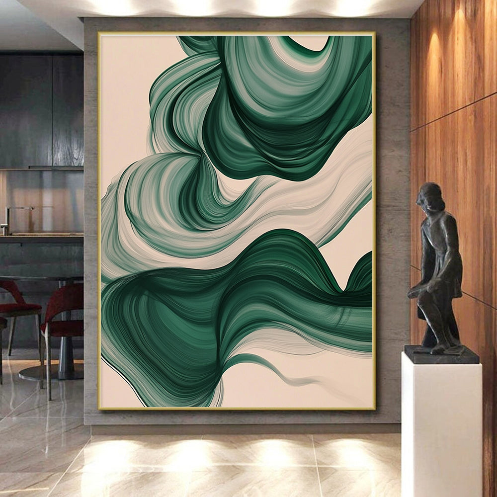 Green and White Abstract Painting with Flowing Ribbons GER423