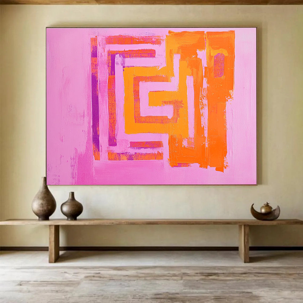 Pink Background Geometric Abstract Painting with Orange and Purple Shapes DYP130