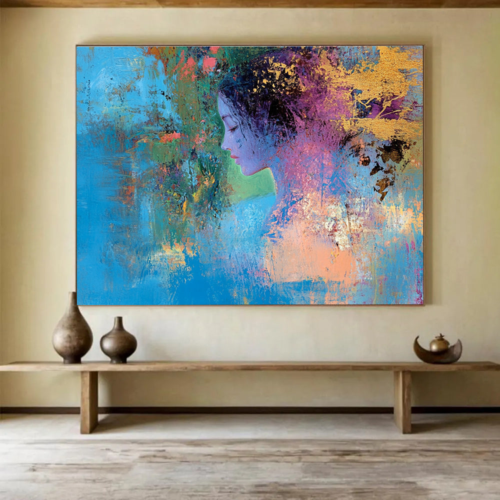 Large abstract painting depicting a female figure intertwining with nature's vibrant colors symbolizing growth through self-improvementSC429
