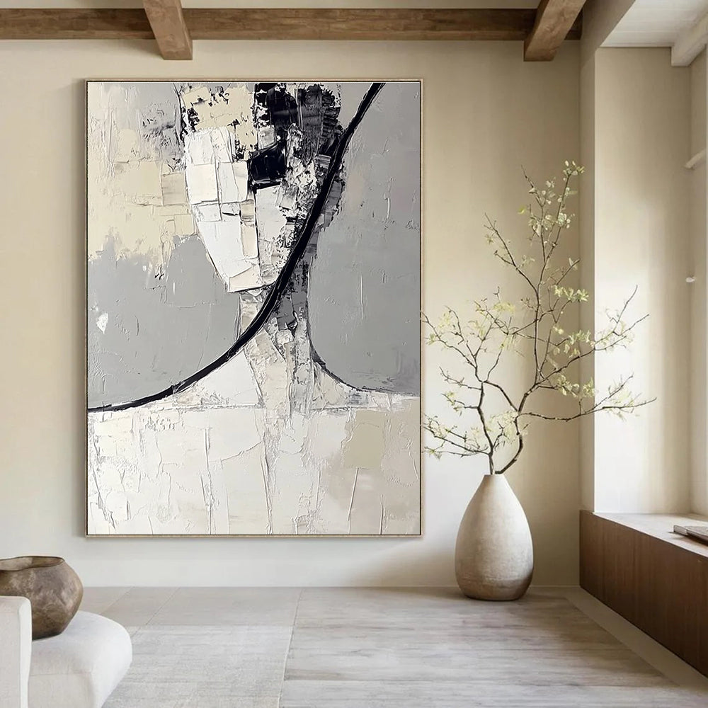 Large abstract painting in white and gray features black curved lines and layered irregular blocks creating a simple and clean composition.STSC383