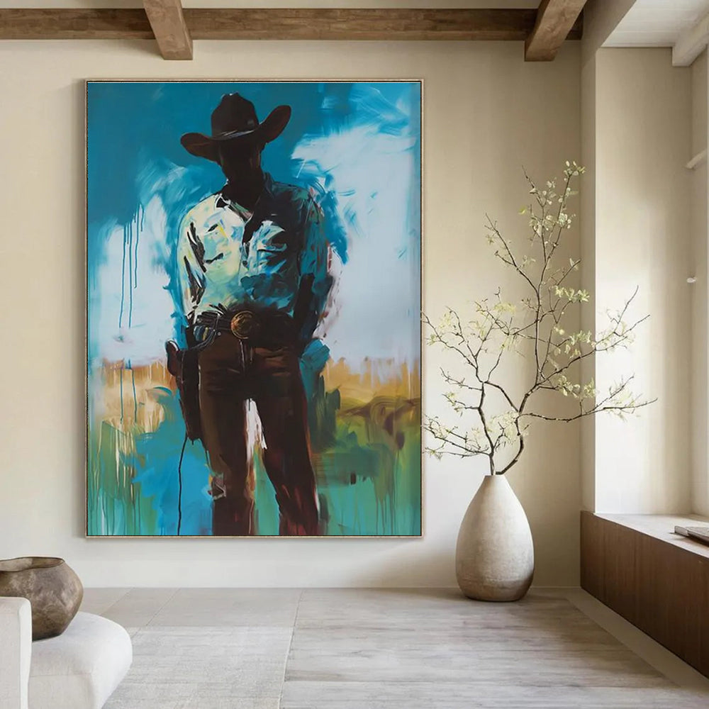 Silhouetted Cowboy in Blue Abstract Painting ADGE102