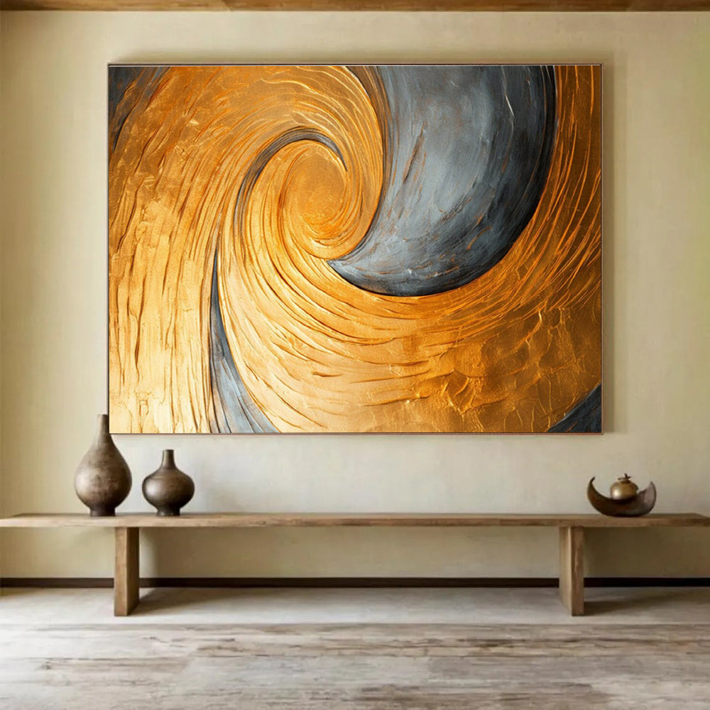 Gold and Grey Spiral Abstract Painting with Metallic Gold and Grey Tones THY176