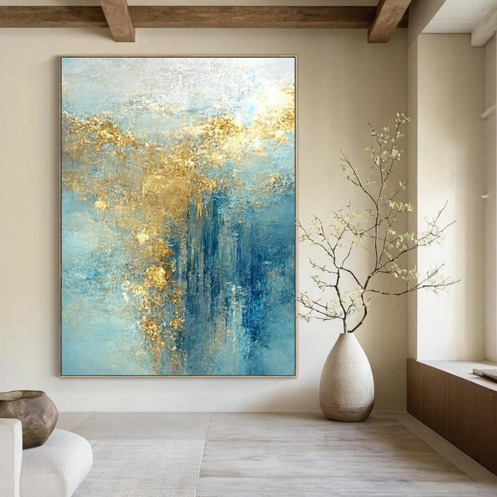 Light Blue Abstract Painting with Cascading Gold Accents ADGE063