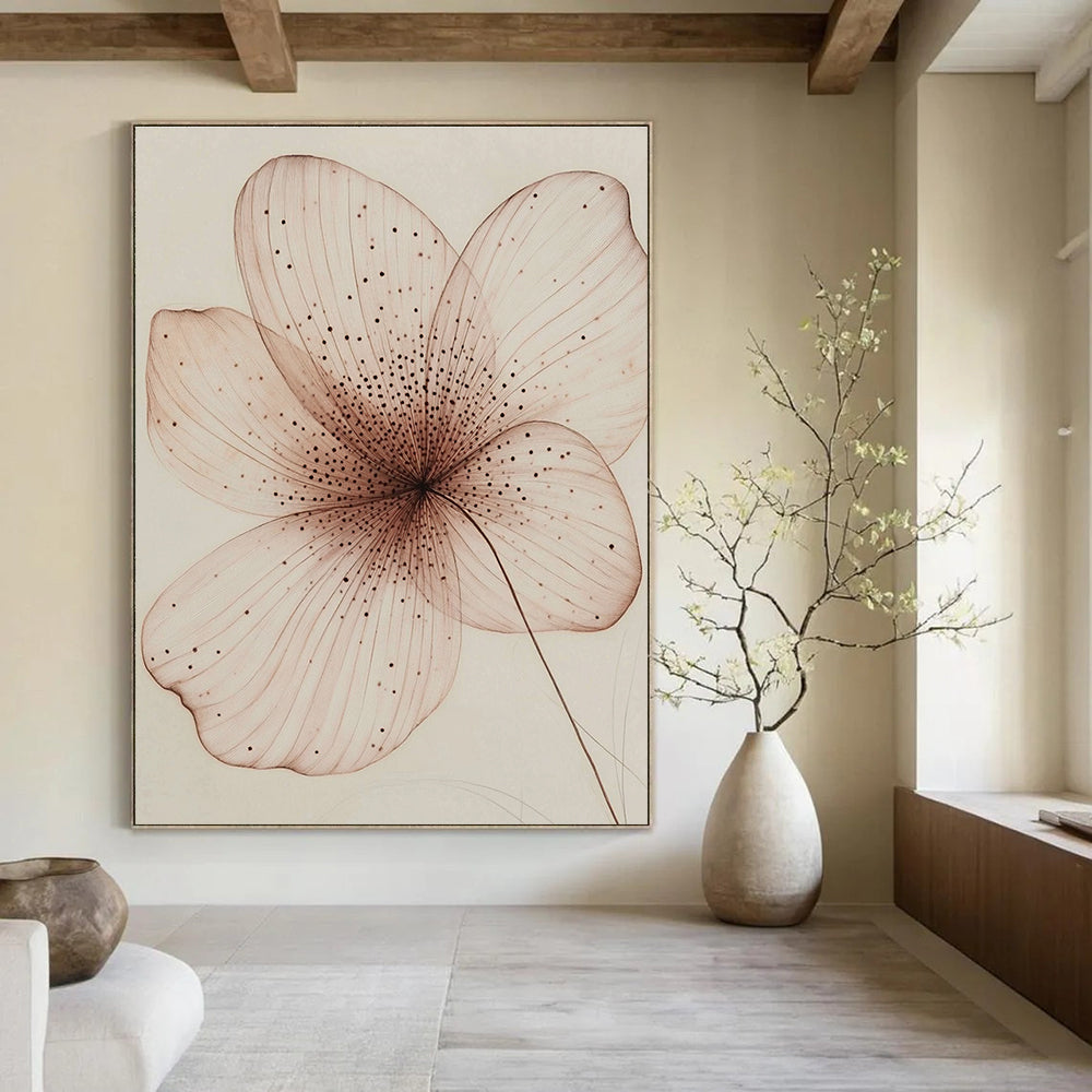 A large abstract painting featuring a single delicate petal in pink and brown with intricate internal structures and a hand-drawn sketch effect.STSC1197
