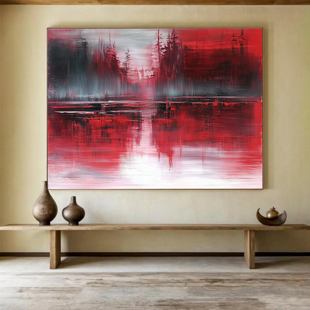 Large abstract painting featuring atmospheric landscape in red and gray tones with reflective water inspired by expressionist style of Richard L. Short.SC155