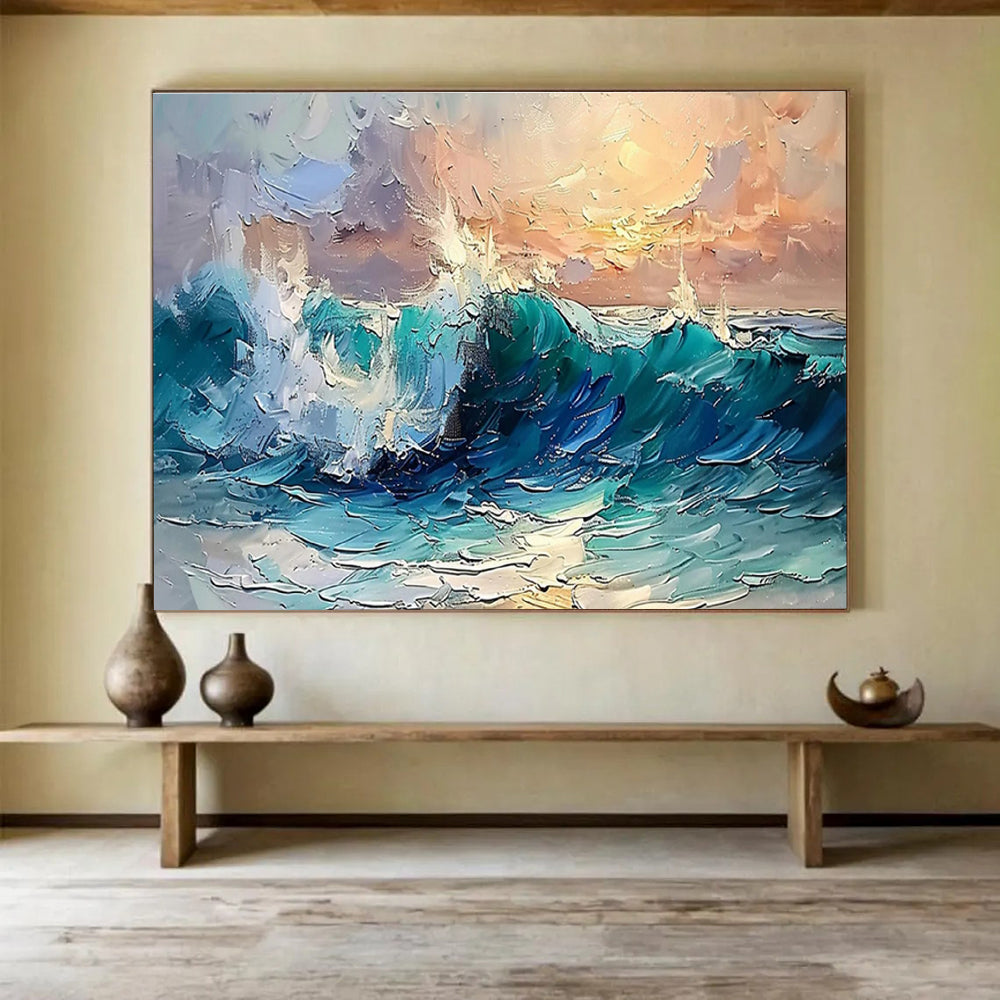 Dynamic Sea Wave Abstract Painting with Turquoise and White Crescendos THY296