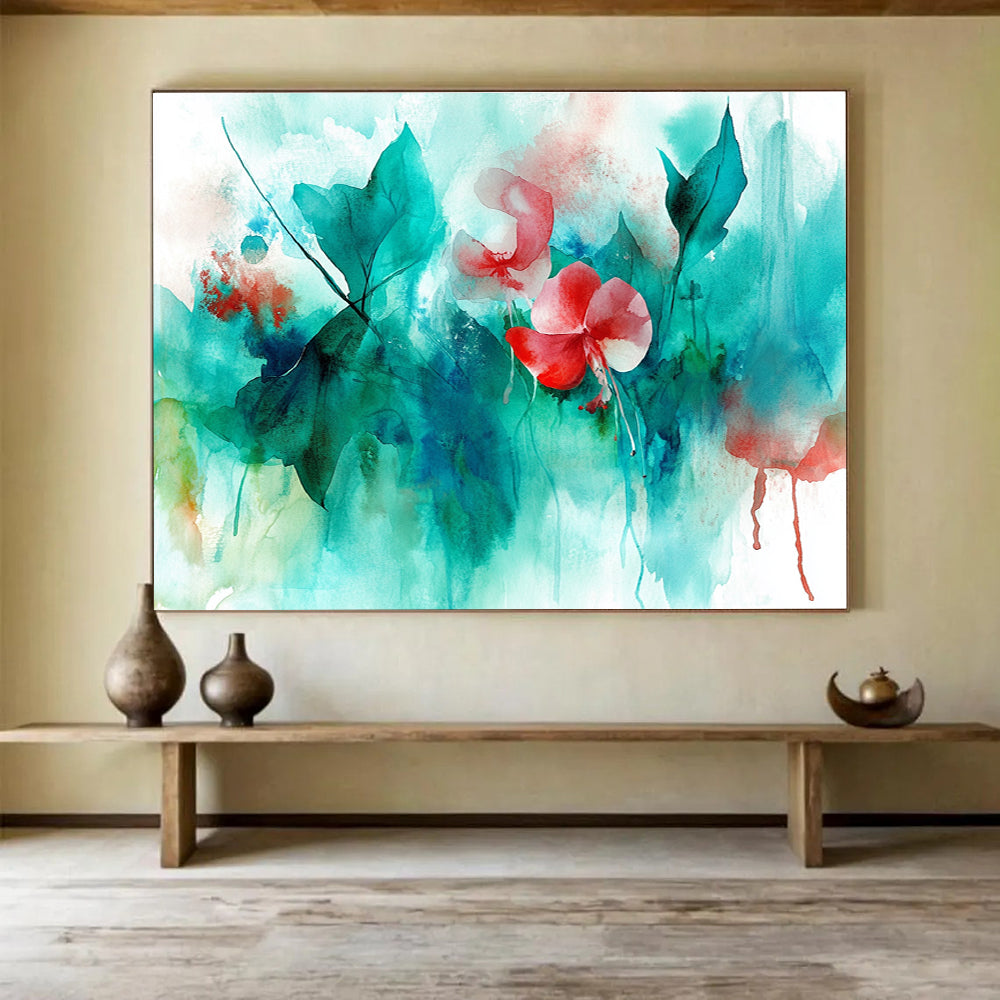 Large abstract watercolor painting featuring leaves flowers and jellyfish in teal aqua red green colors perfect for enhancing any spaceSC287