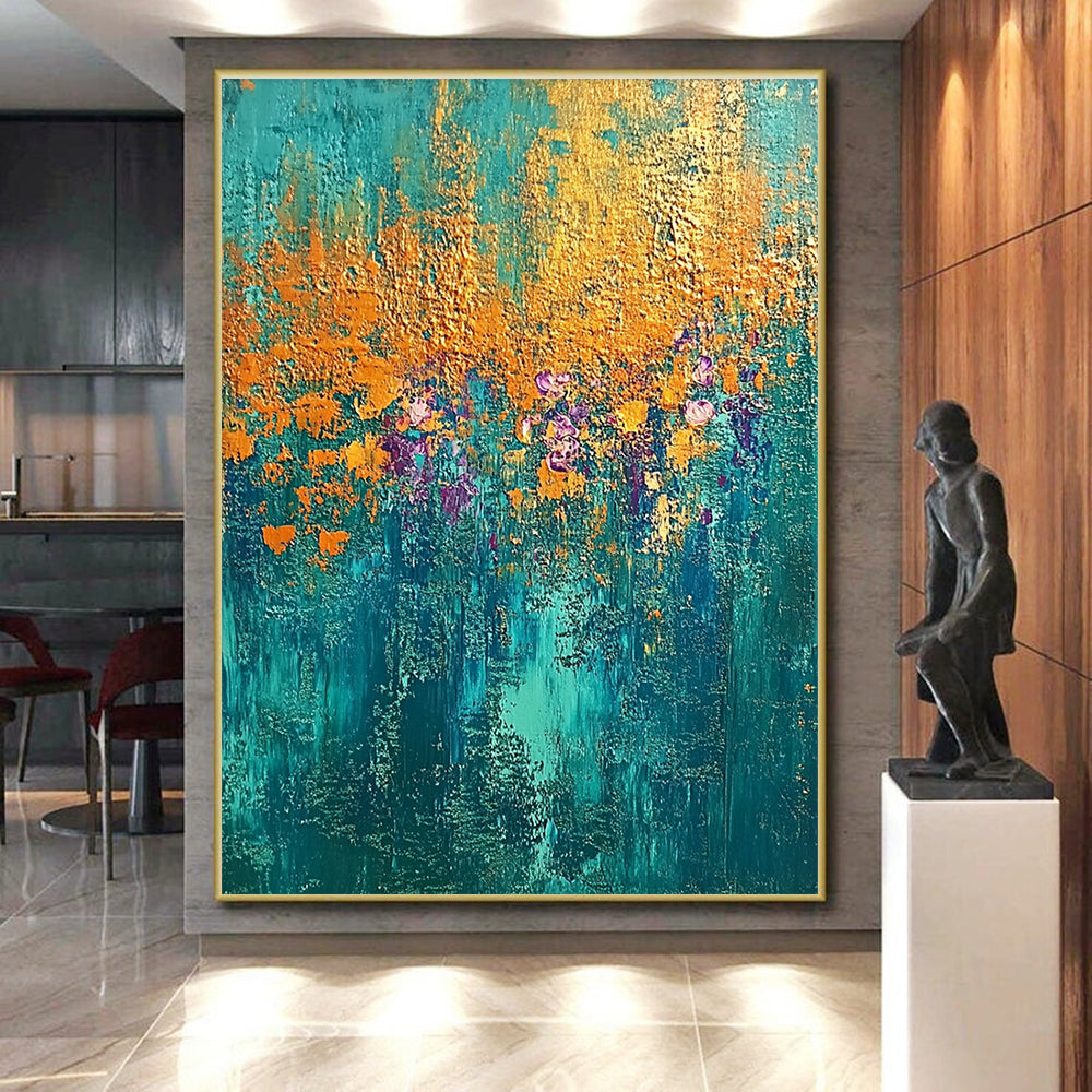 Teal, Gold, and Purple Abstract with Floral Hints GER288