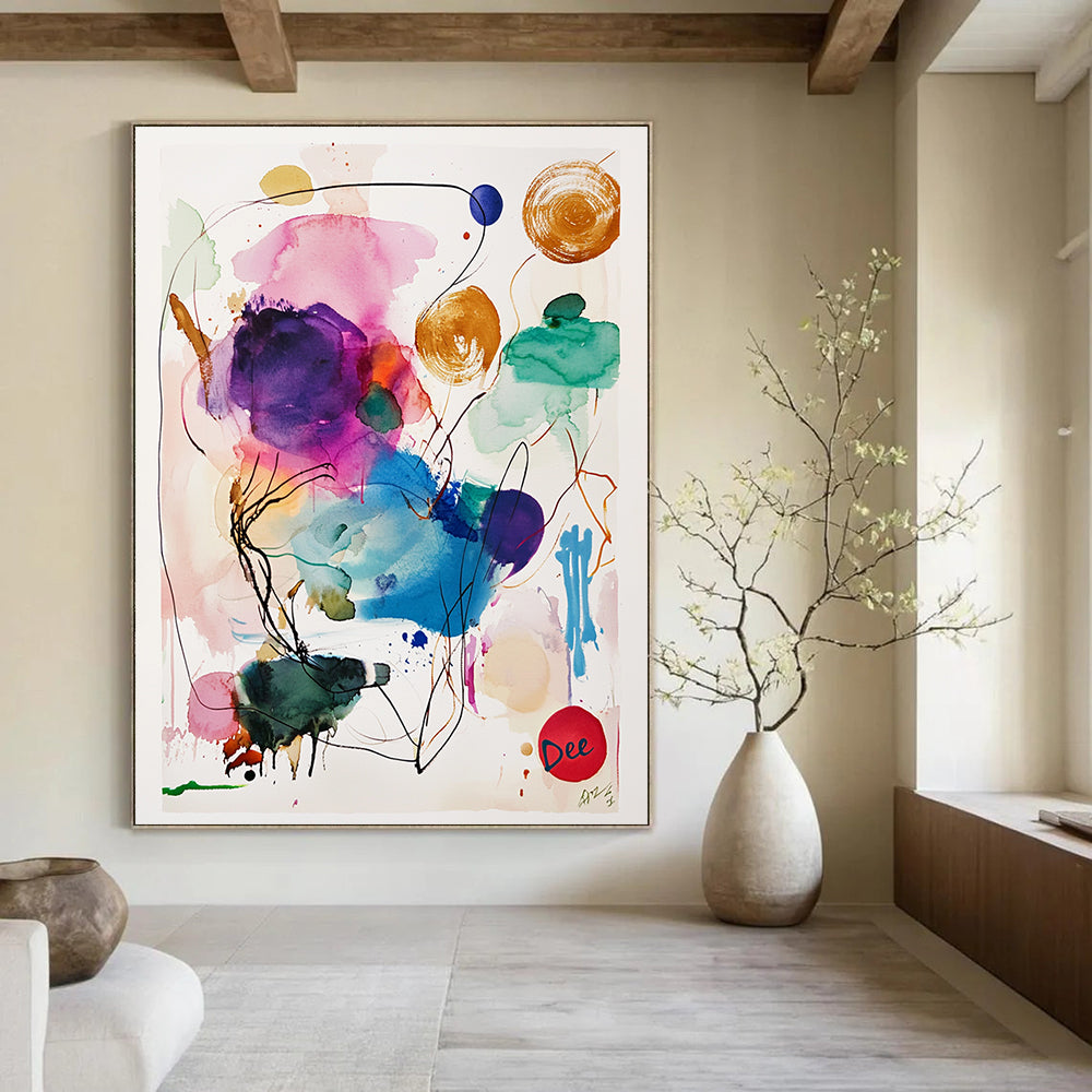 A large abstract watercolor painting featuring a central animal surrounded by colorful ink washes in purple, pink, blue, green, and yellow.STSC1046