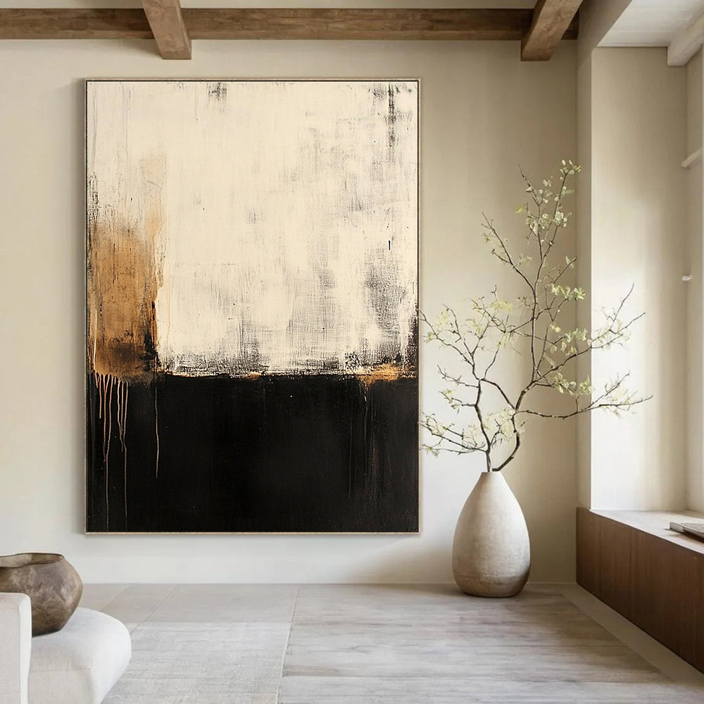 Large abstract painting of a serene old wall with peeling paint and rusted accents in soft muted tones of black gray and gold.STSC606
